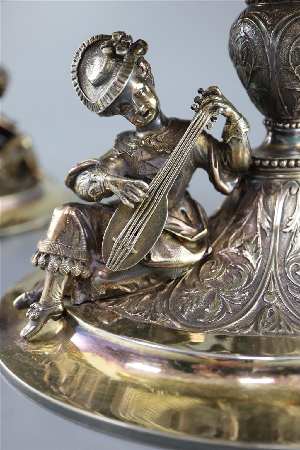 A handsome pair of Victorian parcel gilt silver oval comports by Hunt & Roskell (lacking glass bowls),